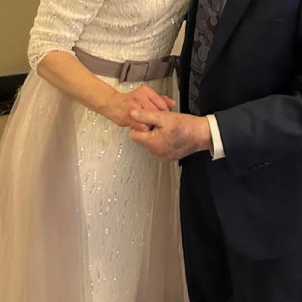White beaded gown with belted tule skirt